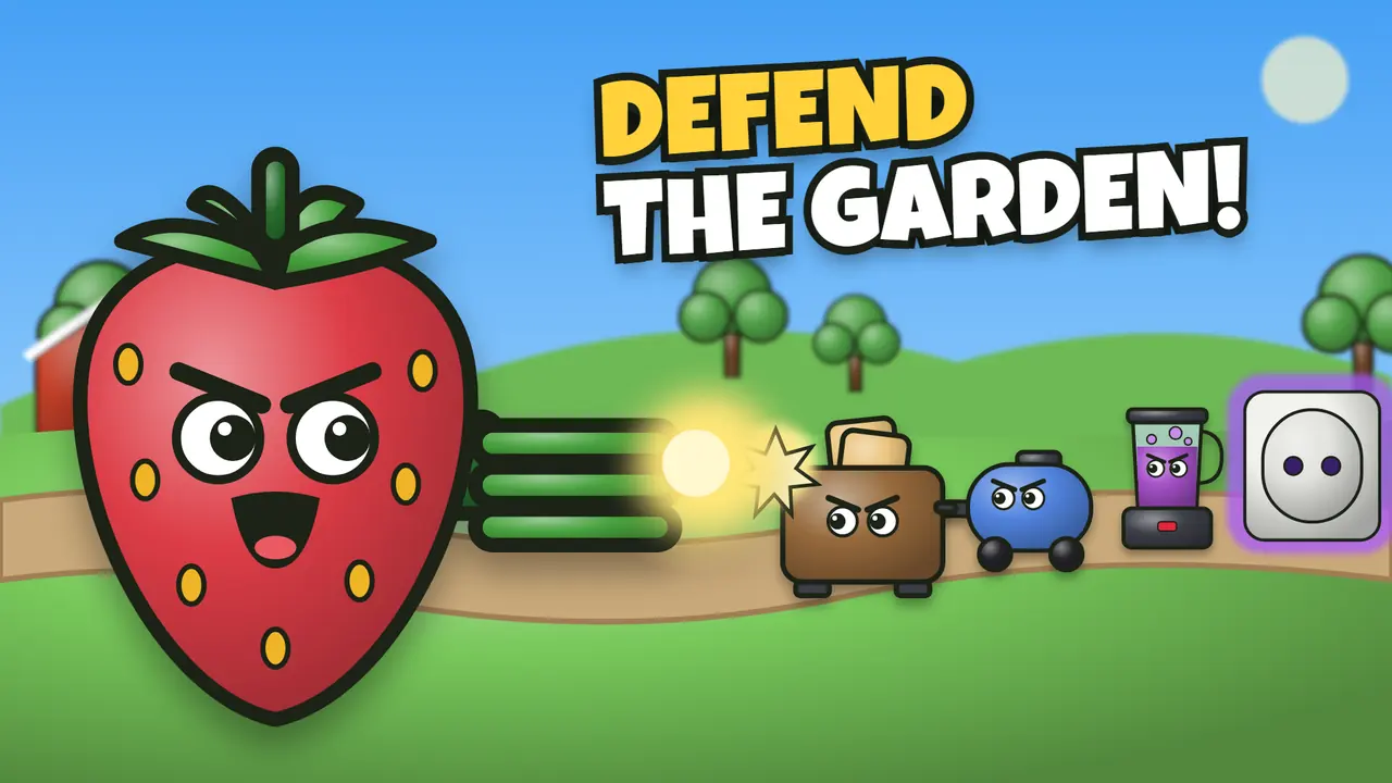Before: our first cover, a flat vector drawing of a strawberry and three appliances under the words DEFEND THE GARDEN!