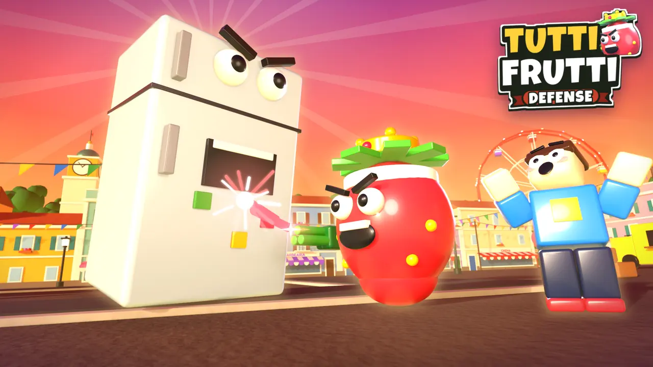 Thumbnail B: a giant fridge boss towering over Morangolino and a scared player avatar at the fair