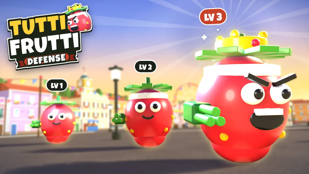 Upgrade thumbnail: Morangolino at level 1, 2 and 3 side by side in the town square