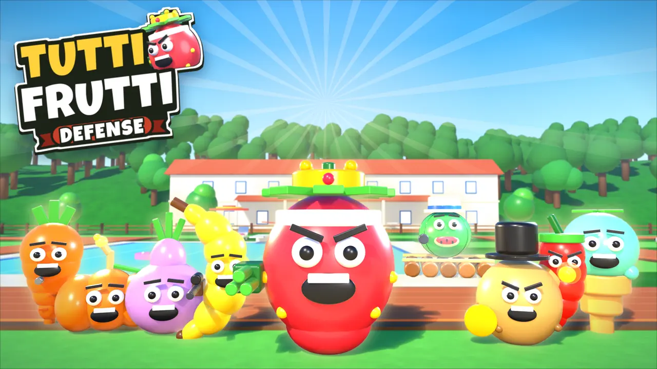 Team thumbnail: the whole fruit and veggie cast in front of a house with a pool